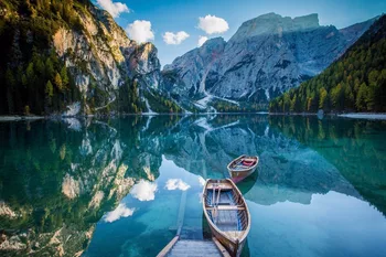 

Home decoration water mountains reflection boats Italy lake Braies Silk Fabric Poster Print MC415