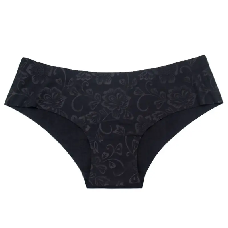 

Womens Summer Low Waist Ice Silk Underwear Traceless Floral Printed Briefs Solid Seamless Raw-cut Hipster Panties 4 Colors S-XL