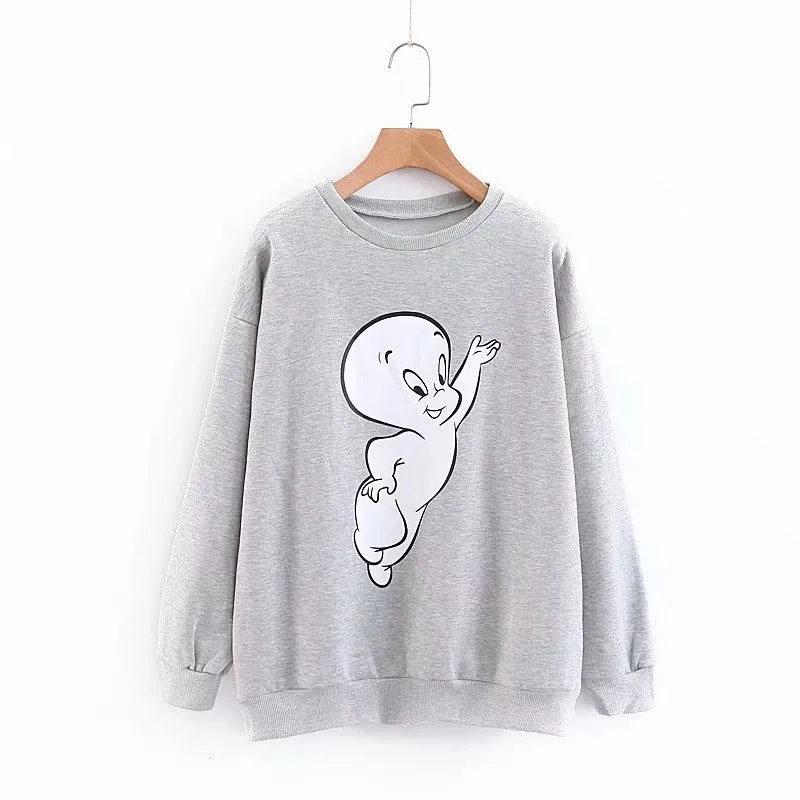 

Women Cartoon Letter Grey Fleece Oversize Sweatshirt Hoodies Long Sleeve Pullovers Female Casual Loose Femme Chic Basic Tops