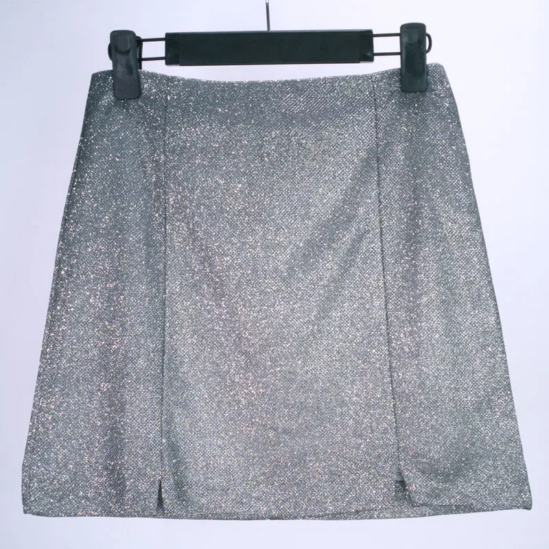 Блестящая черная сверкающая юбка с Боковым Разрезом в металлическом текстуре с люрексовыми нитями женские Клубные вечерние сексуальные мини-юбки