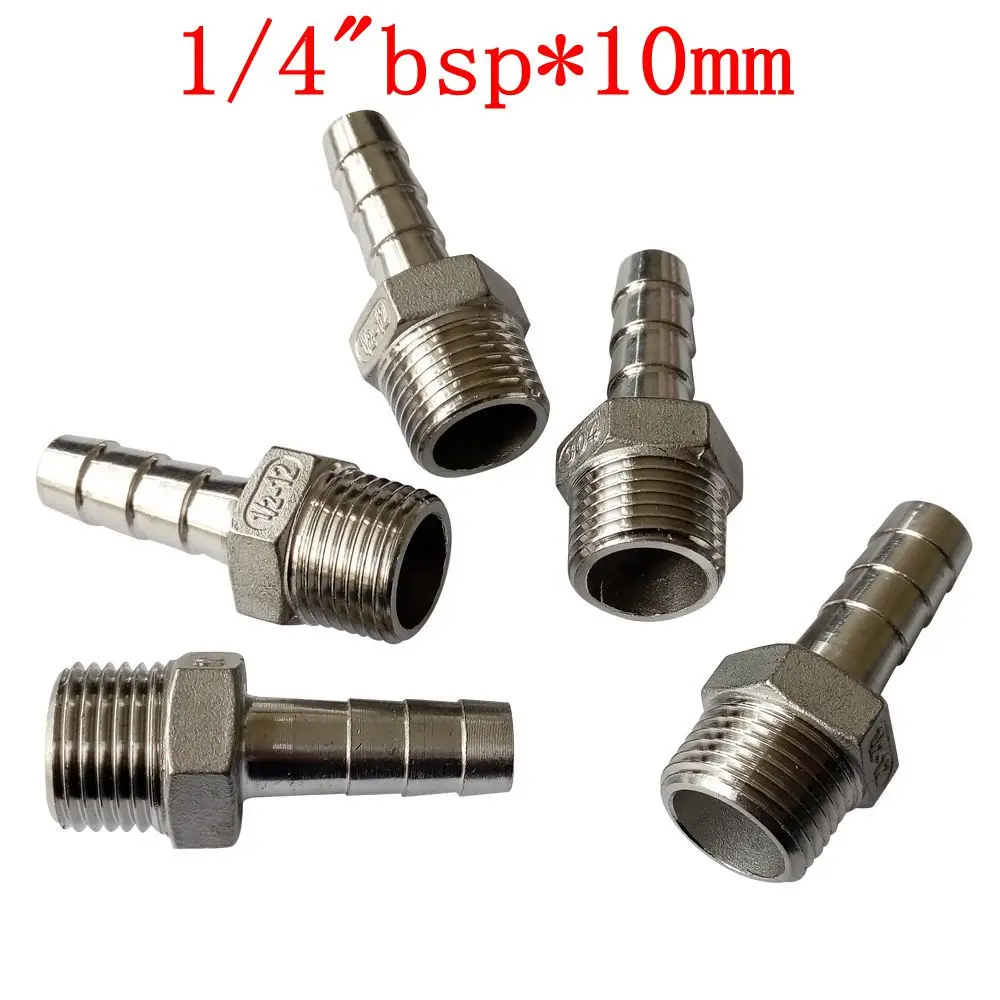 Pack of 5 10 mm ID Hose Barb Tail To 1/4" BSP male Hose Barb Fitting SS