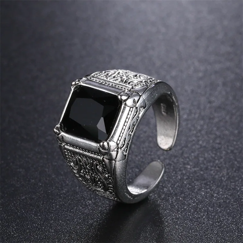 

Vintage Thai Silver Black Crystal 925 Sterling Silver Female Finger Rings For Men Women Open Ring No Fade Drop Shipping Gift Man