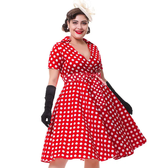 Wipalo Vintage Elegant Dot Print Red Summer Women Retro Dress 60s Turn Down Collar Big Hem Party 