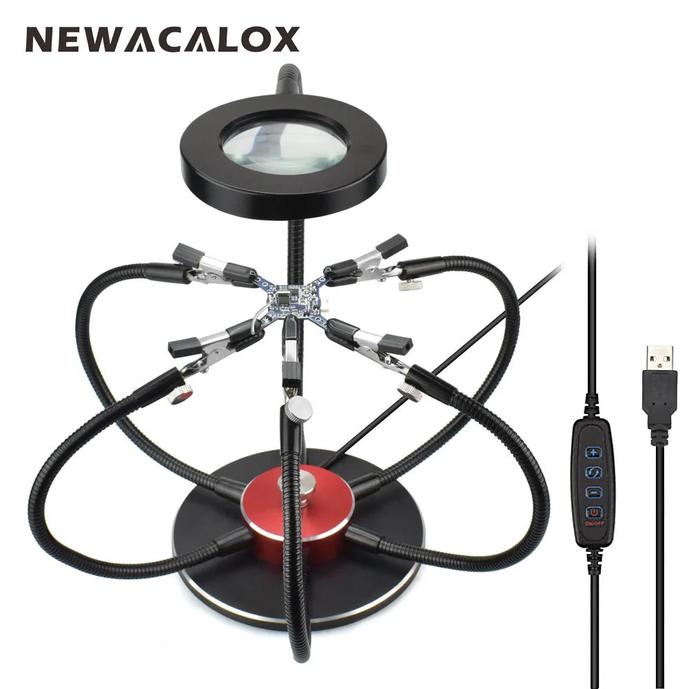 NEWACALOX Multi Soldering Helping Hands USB LED Light Magnifying Glass 6pcs Flexible Arms Soldering Station Repair Welding Tool