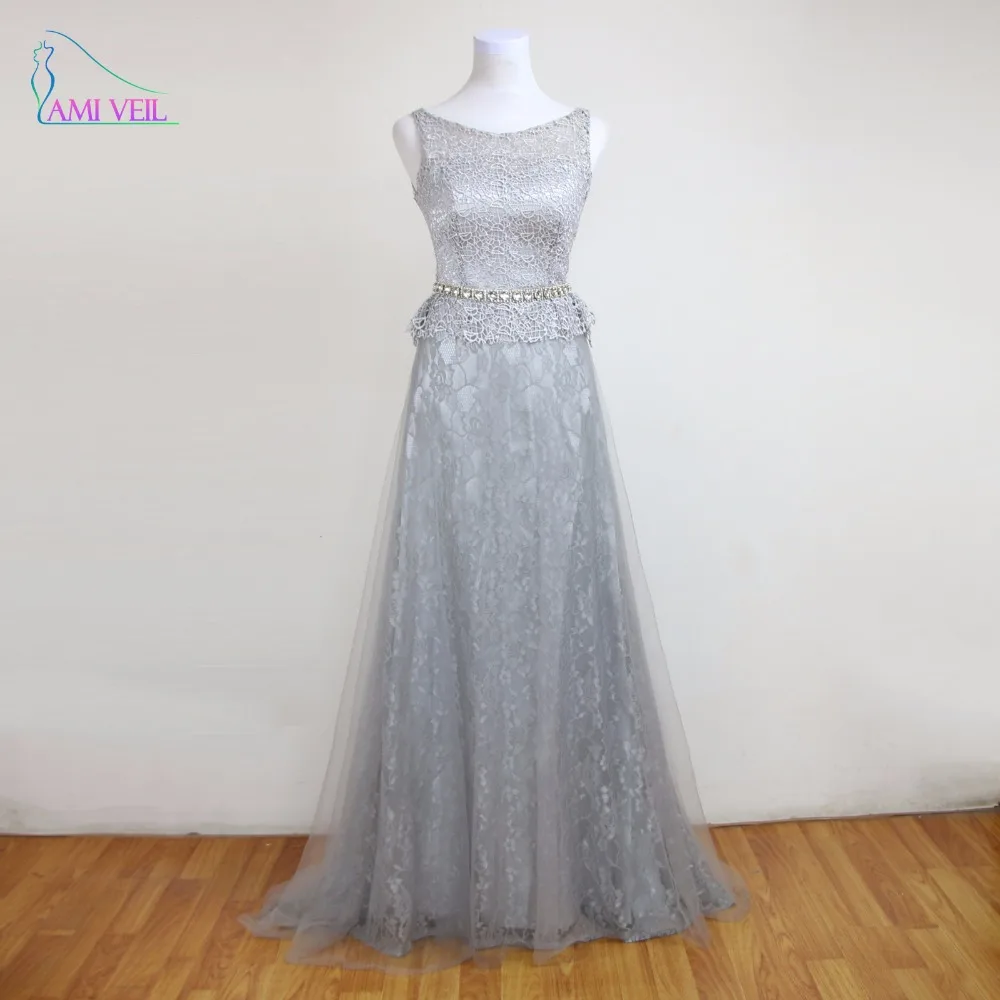 Long Silver Dress Rhinestone Evening Gowns Lace Women Prom Dresses for