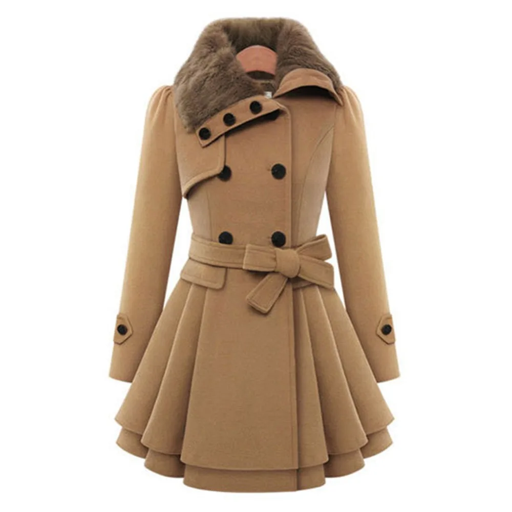 

Winter Coat Women Trench Coat Turn-down Collar Long Sleeve Peacoat Faux Fur Double Breasted Thick Plus Size New Fashion Outwear