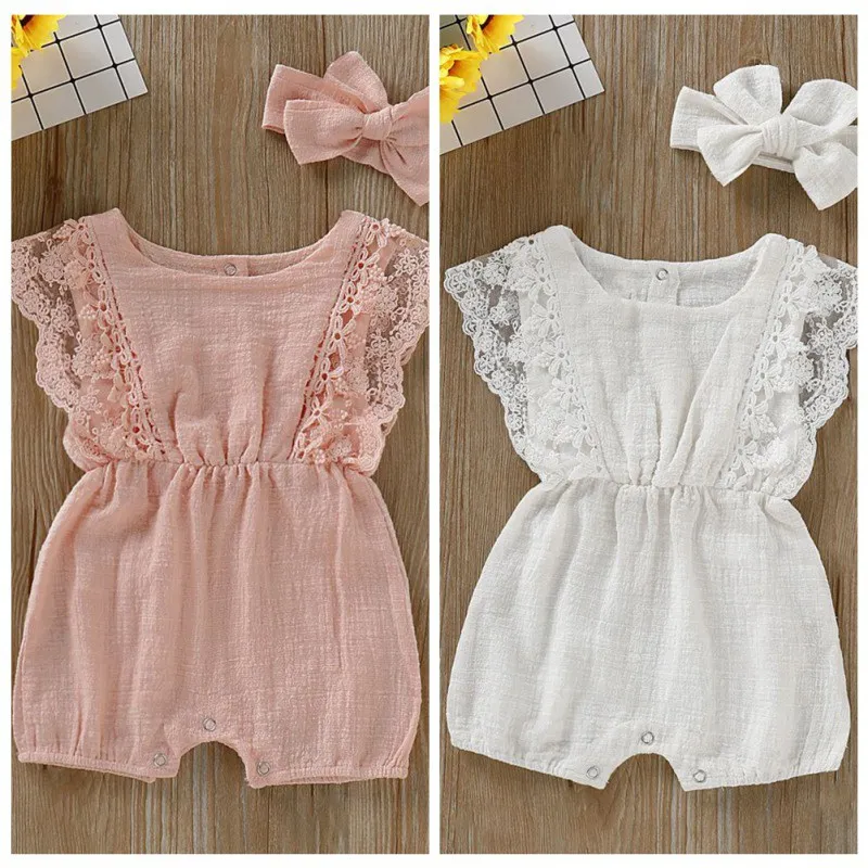 

Summer Infant Girls Rompers Set Lace Design Flare Sleeve Solid Print Rompers With Headband Two-piece