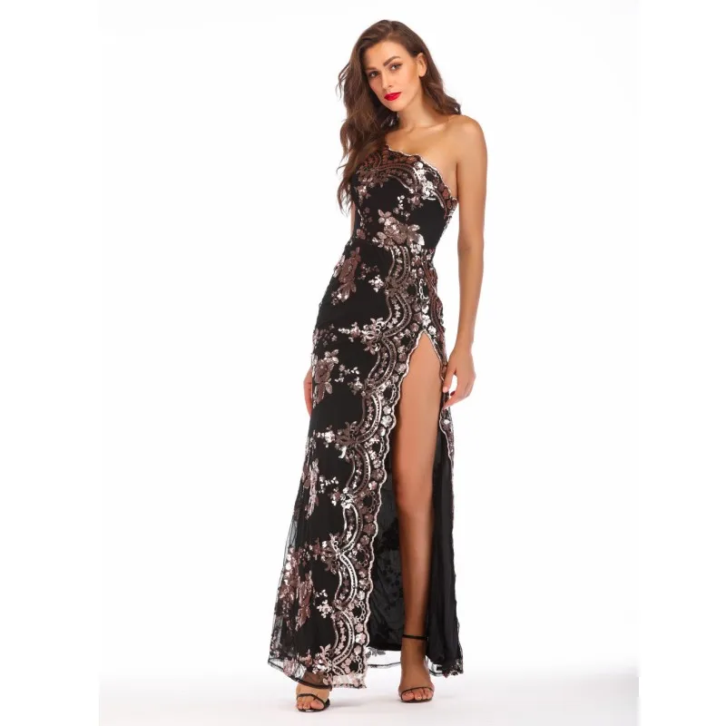 Summer Maxi Long Club Dresses For Women Sexy One Shoulder Open Back Elegant Sequin Dress Female Party Wear Y21833 Dresses