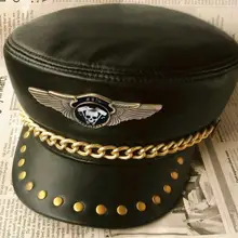 Мотоциклетные байкерские шляпа в стиле «панк-рок» показать заклепки военно-морской флот шерсть шляпа значок Wings цепь из натуральной овечьей кожи военная шляпа для Для мужчин Для женщин