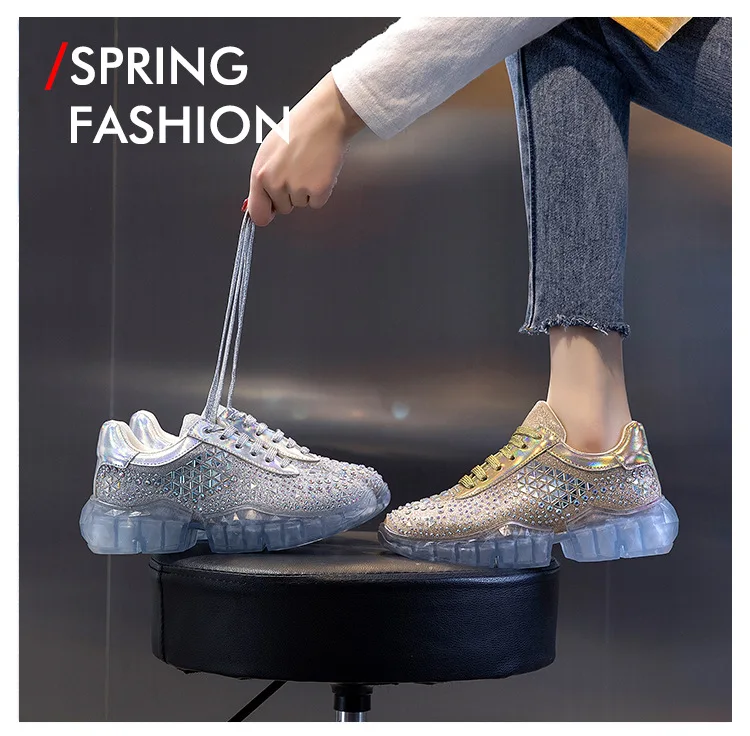 Обувь с кристаллами; женские кроссовки на платформе; zapatos de mujer; шикарные женские кроссовки со стразами; серебристые женские кроссовки с блестками