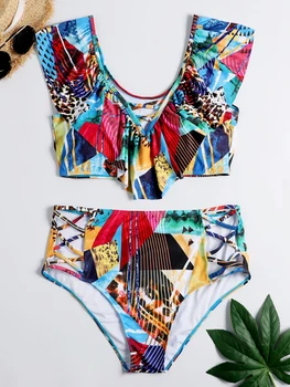 

Fashion Ruffle Two Piece High Waist Swimsuit Bikinis Women's Bathing Suits Plus Size Swimwear Swimming Suit For Women Bikini Set