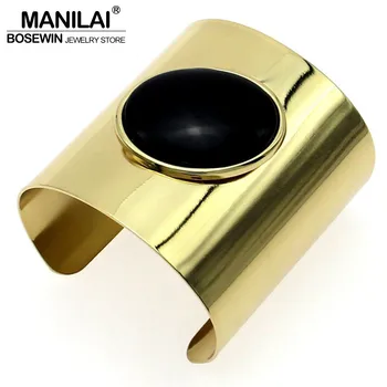 

MANILAI Exaggerate Cuff Bracelets For Women Glaze Gold Color Black Resin Statement Jewelry Big Bangles Bracelet Female Pulseiras