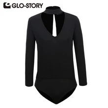 GLO-STORY Wome Knit Bodysuits Jumpsuit Short 2017 Long Sleeve Deep V-Neck Back zipper Fashion Romper Jumpsuits shirts 4854