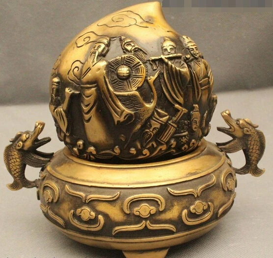 

wholesale factory 7"Chinese Folk Feng Shui Bronze Lucky Eight Immortals Dragon peach Statue