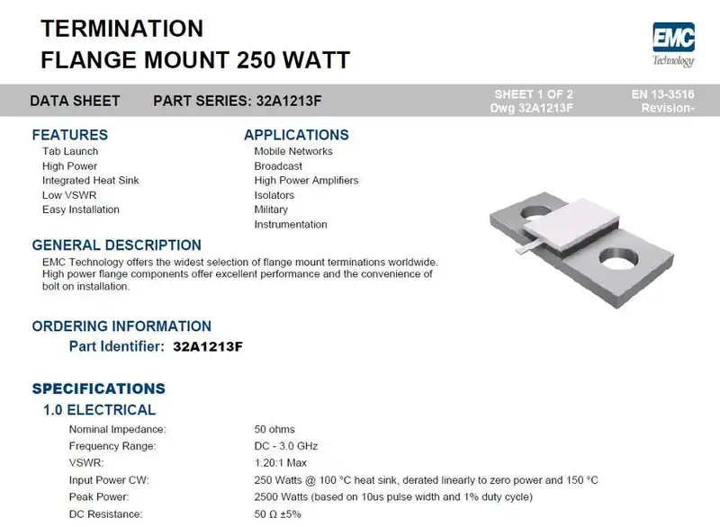 Flange Termination 250watt 50ohm 250W 50ohms 32A1213F RF Microwave Resistor High Power Dummy Load Replace RFP250N50TC RFP 250N50 - Image 3