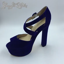 Royal Blue Suede Round Toe Ankle Strap Platform Pumps Cheap Blue Stilettos China High Heel Shoes Plus Size 44 Women Shoes