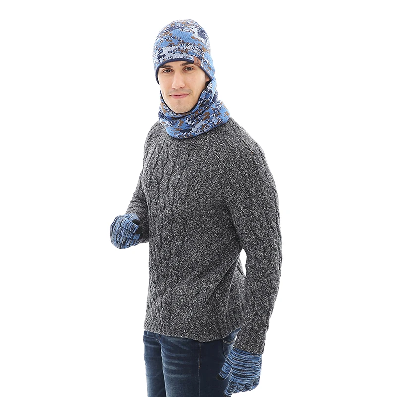 Maylisacc 3 шт. зима теплая вязаная шапка Кепки шарф с перчатки камуфляж для Для женщин Для мужчин модные Спорт на открытом воздухе Кепки шарф