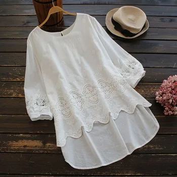 

3797 Spring Big Size Women's Blouse Japan Style Mori Girl Embroidery O-Neck Three Quarter Sleeve Cotton Shirt Tops