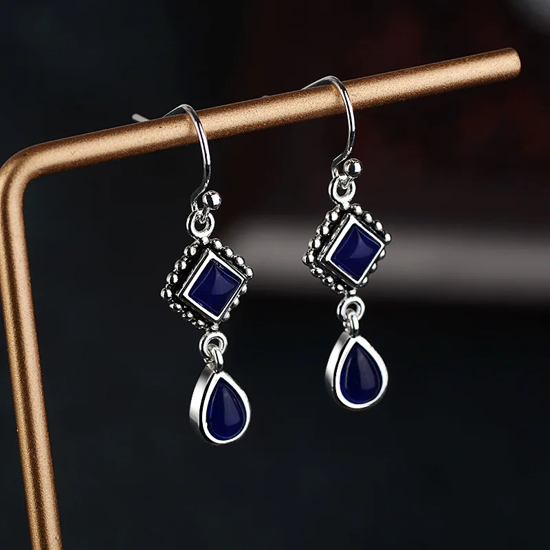 

Vintage Geometric Tibetan Silver Piercing Blue Square Charm Drop Earring for Women Wedding Pendientes Femme Jewelry eh1004