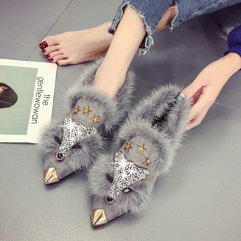 SWYIVY Woman Flats Shoes Pointed Rhinestone Fox 2019 Spring New Female Fashion Casual Shoes Fur Velvet Flats Slip On Metal Toe