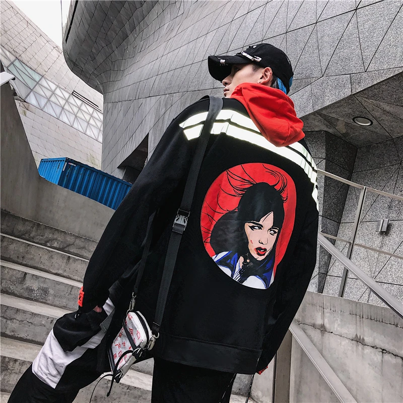 

2019 Autumn Hooded Hip Hop Reflective Strip Ribbon Men Hoodie
