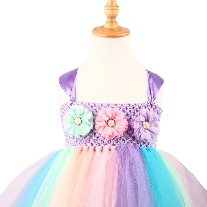 Pastel Unicorn TUTU Dress Girl Flower Birthday Party Dress with Headband Full Length Kids Dress Up Clothes Handmade Fancy Dress (7)