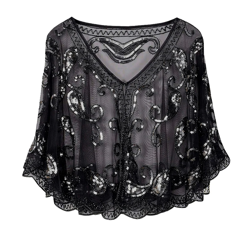 JaneVini Sparkling Sequined Black Gold Bridal Shawl Wrap Bolero V Neck Short Stoles Women Wedding Cape Cloak Wedding Accessories