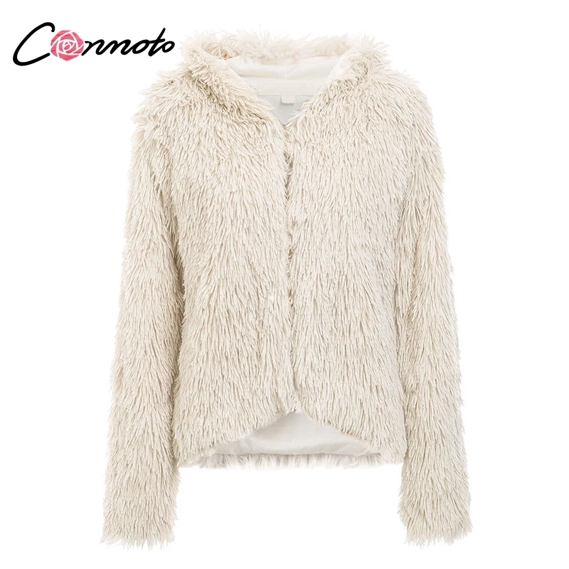 Conmoto белая шуба из искусственного меха, теплая меховая женская куртка с капюшоном,, осенняя зимняя куртка, Женское пальто с длинным рукавом