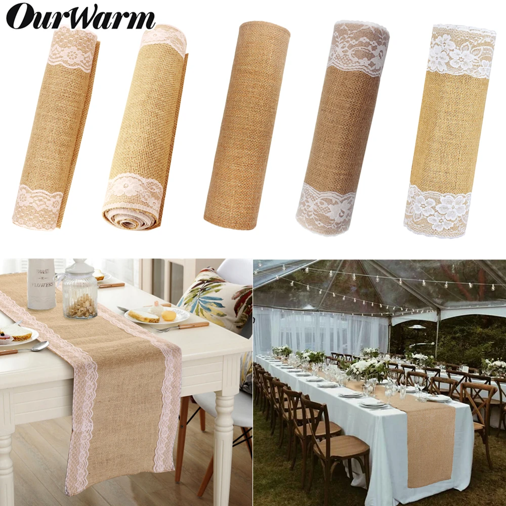 

OurWarm Burlap Jute Lace Flower Table Runner Natural Hessian Table Cloth Cover Rustic Wedding Banquet Party Table Decoration