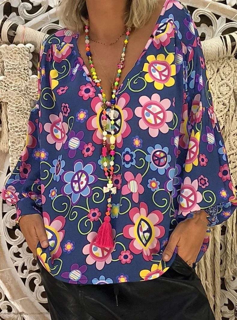 

2019 Women Fashion Floral Print Blouse Casual Vintage Shirts V-Neck Boho Puff Sleeve Beach Blouse Tops Ladies Clothing Femme
