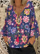 2019 Women Fashion Floral Print Blouse Casual Vintage Shirts V-Neck Boho Puff Sleeve Beach Blouse Tops Ladies Clothing Femme vintage floral print v neck half sleeve blouse for women