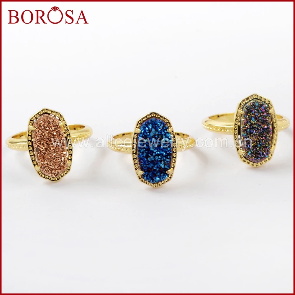

BOROSA 5PCS Hexagon Rainbow Color Titanium Druzy Ring Trendy 3 Sizes Natural Druzy Rings for Women Girls Making ZG0345