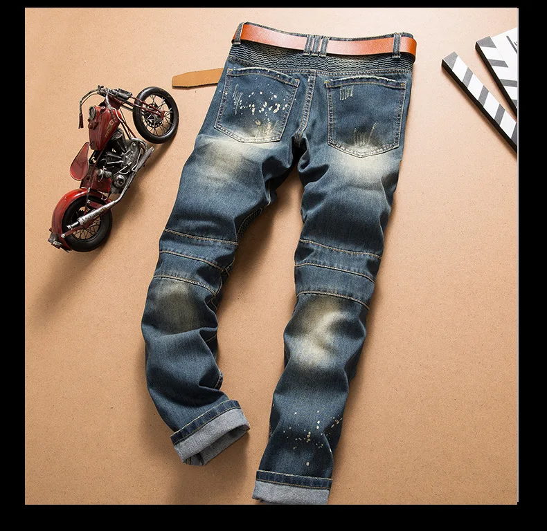 Новая мода Осенние Синие рваные джинсы мужские рваные обтягивающие байкерские рваные джинсовые брюки