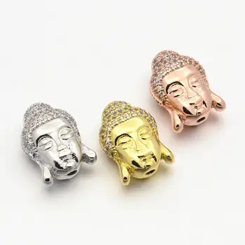 

24K Plated CZ Brass Micro Pave AAA Cubic Zirconia 3D Buddha Head Beads for DIY Lead Free & Nickel Free & Cadmium Free, 15x11x8mm