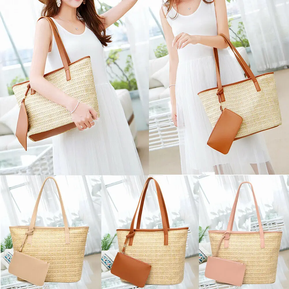 

2019 Fashion Women Retro Summer Wicker Handbag Bags Totes Large CapacityBeach Straw Woven Rattan Basket Bag