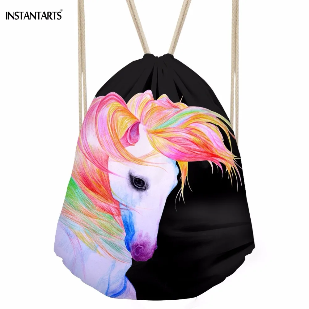 INSTANTARTS Cute 3D Colorful Unicorn/Horse Head Printed Women Drawstrings Bags Casual Beach Backpacks Softback Storage Daypacks