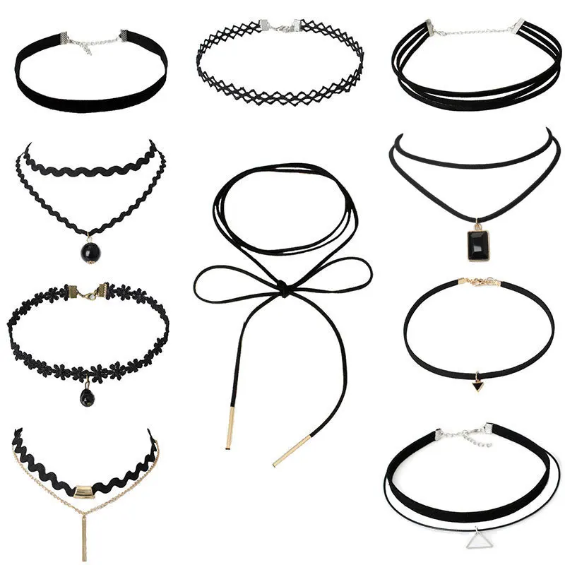 Панк готический черный бисер геометрический треугольник черный бархатный, покрывающий область ключицы чокер ожерелье набор для женщин модные ювелирные изделия ожерелье стимпанк - Окраска металла: Style4 NB2079