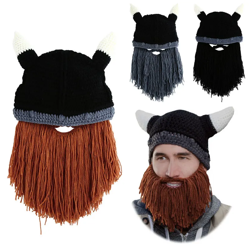 

Winter Men's Beard Hat Warm Barbarian Looter Knit Crochet Beanie Cap mask bonnet gorros Vagabond Mustache Y1