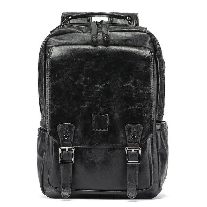 Men Backpacks PU Leather Waterproof Bags 15.6 Inch Laptop Backpack External USB Charge Computer ...