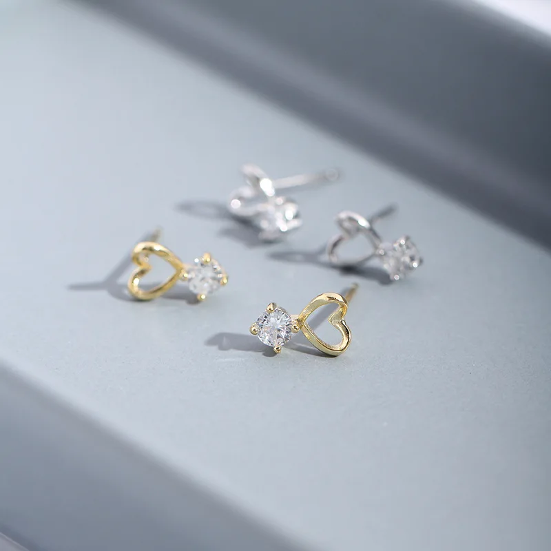 

Cute Hear Cubic Zirconia 925 Sterling Silver Stud Earrings for Womens Fashion Korean Grils Gold Color Small CZ Earings Brincos