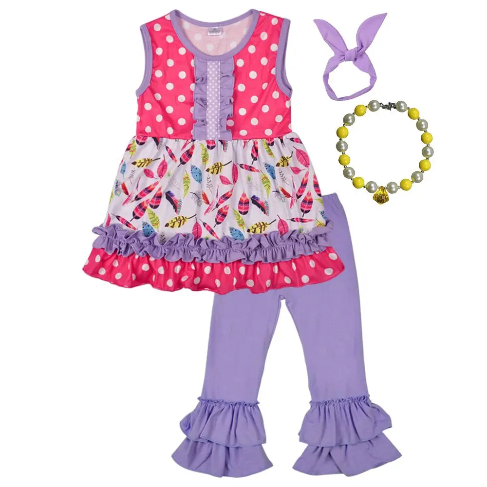 

New Fashion Boutique Outfits Sets Cute Kids Summer Remake Clothes Purple Floral Dress Ruffle Pants With Accessories 2GK712-053