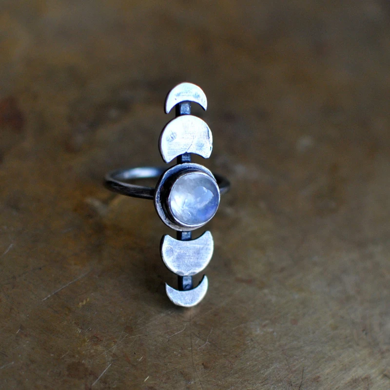 

Double Fair Vintage Semi-precious Moonstone Crescent & Full Moon White Gold Color Rings for Woman Man Fashion Jewelry KCR229