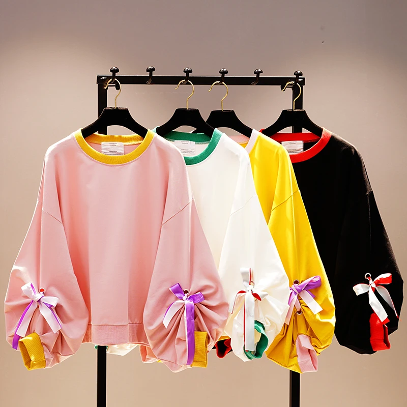 Осень-зима, Корейская версия, свободный розовый женский пуловер, длинный рукав-фонарик, толстовка, топы, женская одежда,, толстовка