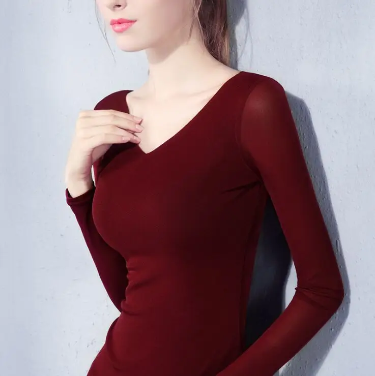 حجم xxxl المرأة الخامس الرقبة سليم لينة الكامل الأكمام تي شيرت سيدة مش مريح مرونة القمم تيز أنثى الأزياء القميص الأساسي