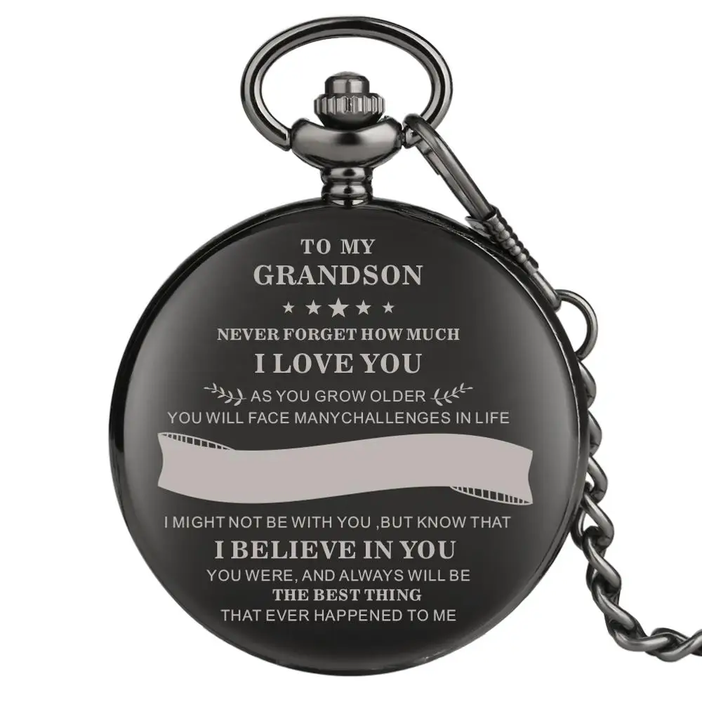 

To My Grandson Series Pocket Watch Black Pocket Watches for Grandson Alloy Thick Link Chain Pendant Watch