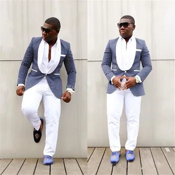

Classic Light Blue Polka Dot Groom Tuxedos Groomsmen Shawl Lapel Best Man Suit Mens Wedding Suits (Jacket+Pant)