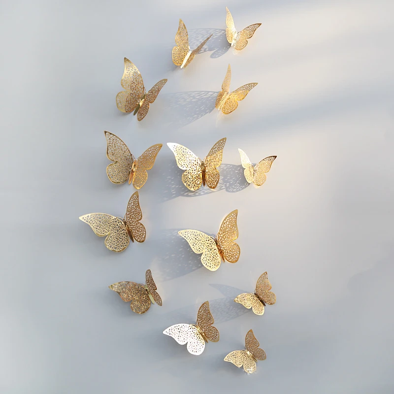 

12 Pcs/Set 3D Wall Stickers Butterfly Hollow Paper 3Sizes Silver Gold for Fridge Stickers Home Party Wedding Decor Free Shipping