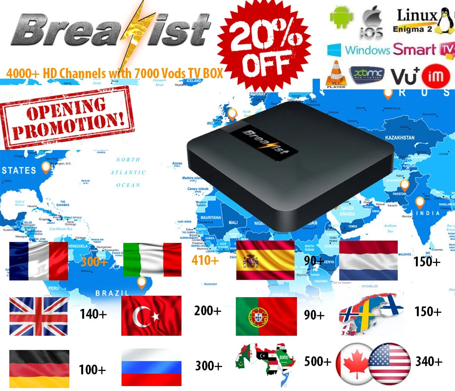 Breakist iptv подписка m3u 4 K для iptv Италия Португалия Франция Арабский испанский, Бразилия, Франция, Италия для android приставка