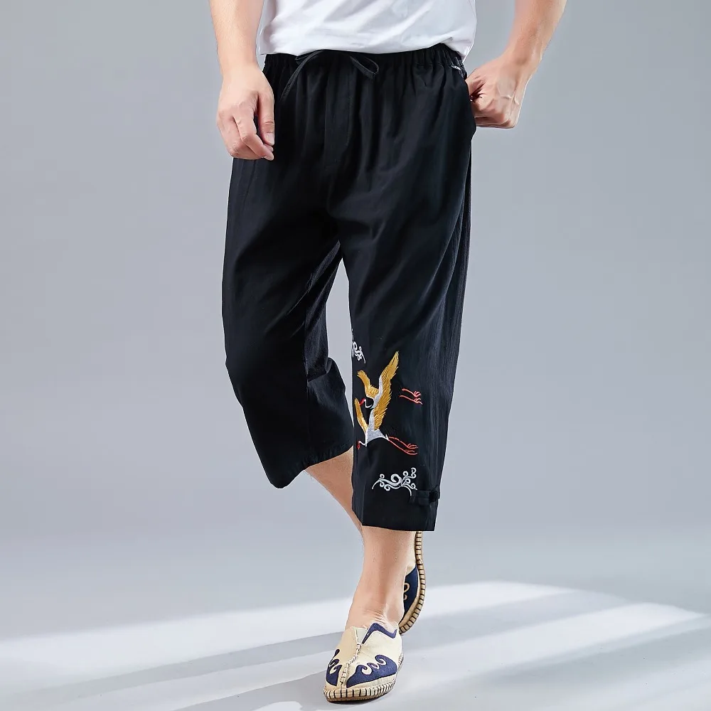 LZJN Men’s Summer 34 Pants Casual Cotton Linen Elastic Waistband Wide Leg Capri Short Bermuda Embroidery Beach Playa Hombre (17)