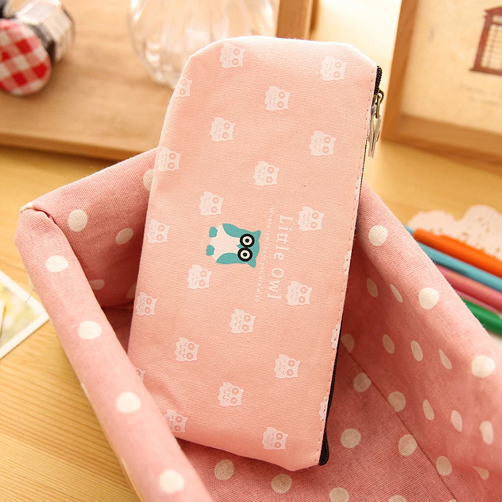 Women Cartoon Cosmetic Bag Canvas Little Ship Owl Dolphin Cute Zipper Pencil Case Stationery Make Up Storage Pouch Pen Bag Hot - Цвет: pink